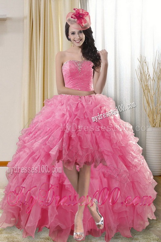2016 Beautiful Rose Pink Strapless Dresses for Quince with Ruffles and Beading