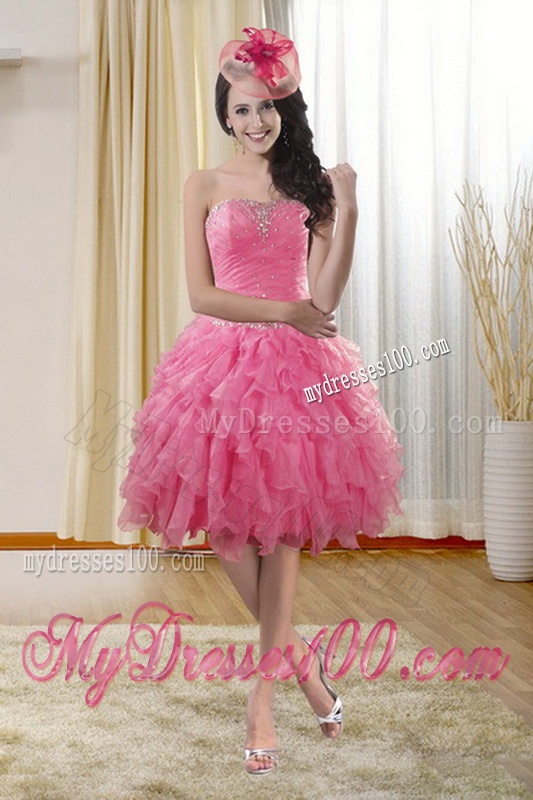 2016 Beautiful Rose Pink Strapless Dresses for Quince with Ruffles and Beading