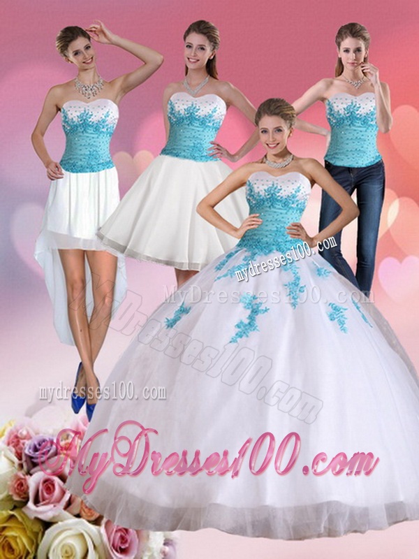 2016 Beautiful Strapless Beading and Appliques Quinceanera Dress in White and Blue