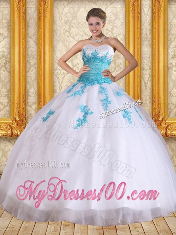 2016 Beautiful Strapless Beading and Appliques Quinceanera Dress in White and Blue