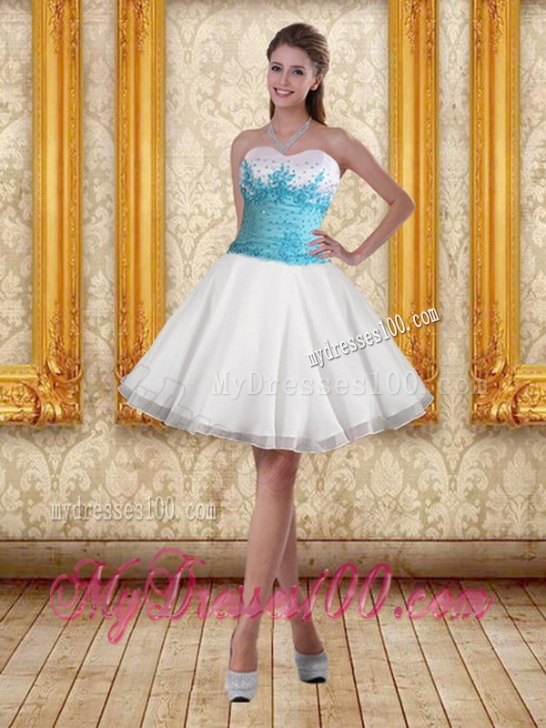 2016 Beautiful Strapless Beading and Appliques Quinceanera Dress in White and Blue
