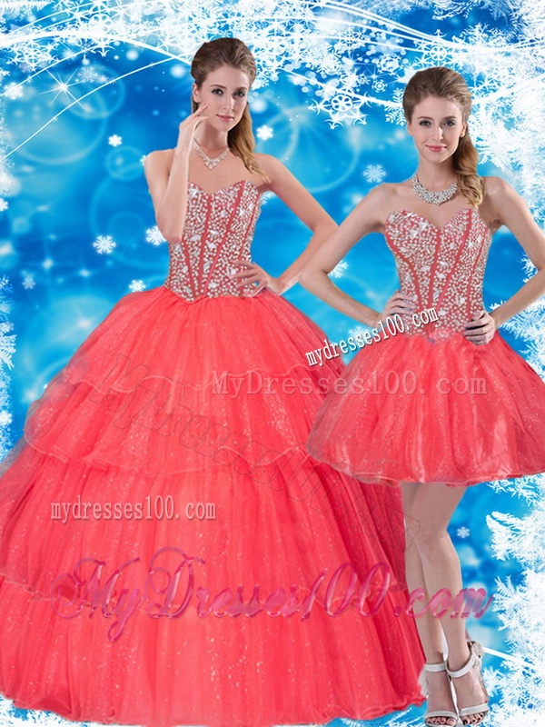 2016 Gorgeous Beading and Ruffled Layers Sweetheart Quinceanera Dresses in Coral Red