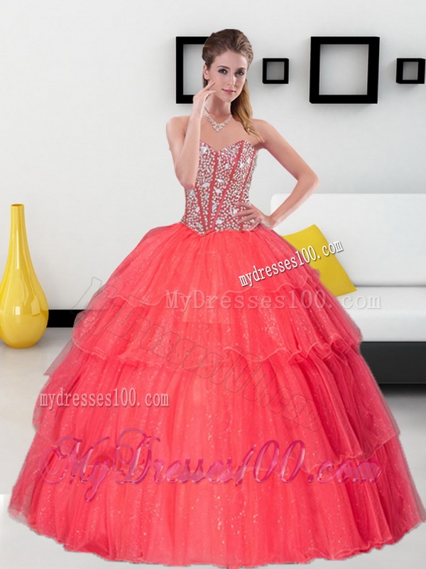 2016 Gorgeous Beading and Ruffled Layers Sweetheart Quinceanera Dresses in Coral Red