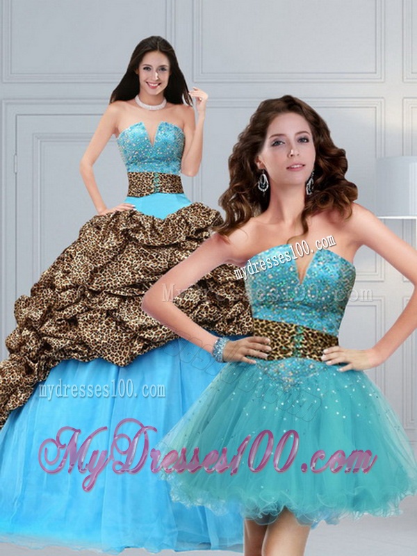 2016 Leopard Printed Baby Blue Brush Train Beading Quinceanera Dress