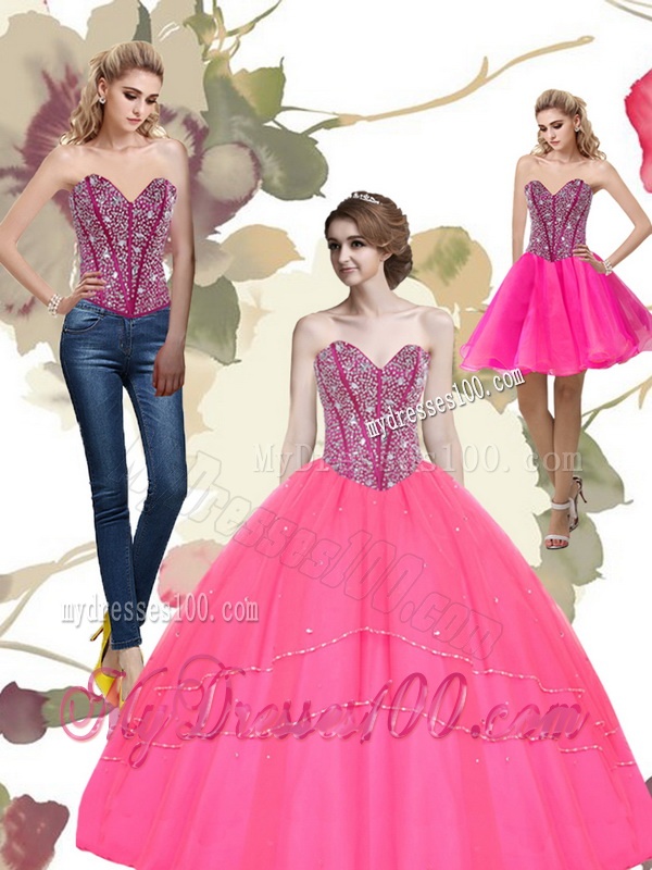 2016 Modest Beading Sweetheart Tulle Hot Pink Quinceanera Dresses