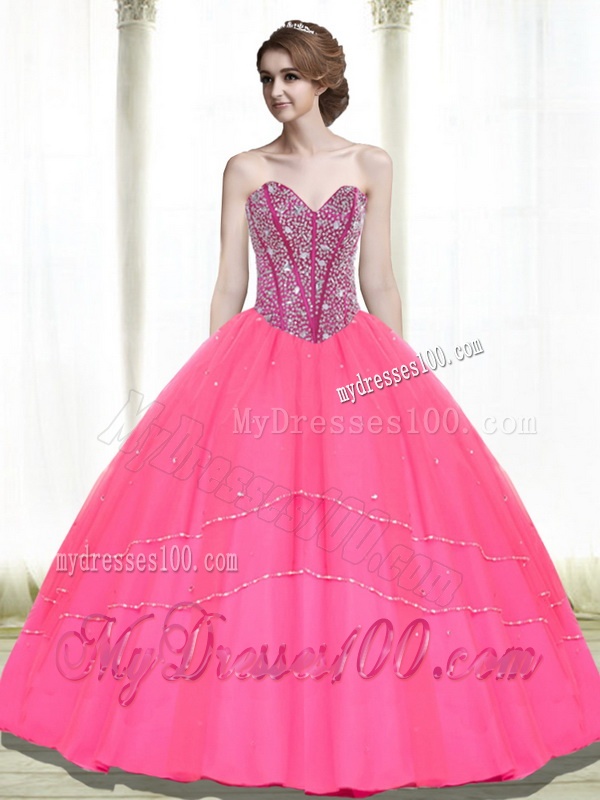 2016 Modest Beading Sweetheart Tulle Hot Pink Quinceanera Dresses