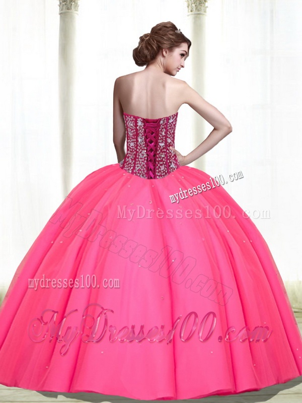 2016 Modest Beading Sweetheart Tulle Hot Pink Quinceanera Dresses