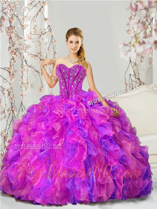 2016 Most Popular Fuchsia and Lavender Quince Dresses with Beading and Ruffles