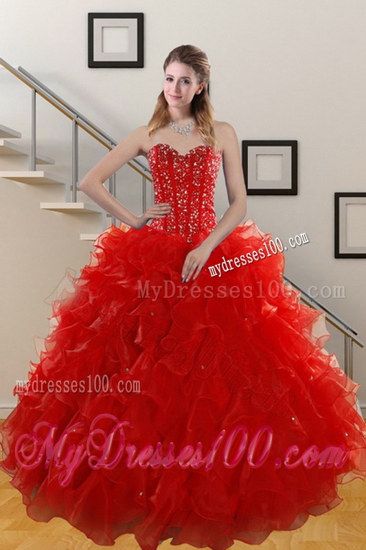 2016 Perfect Red Sweet 15 Dresses with Beading and Ruffles