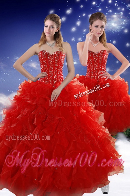 2016 Perfect Red Sweet 15 Dresses with Beading and Ruffles