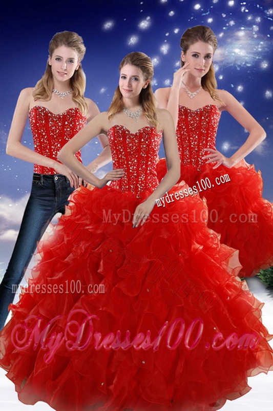 2016 Perfect Red Sweetheart Quince Dresses with Beading and Ruffles
