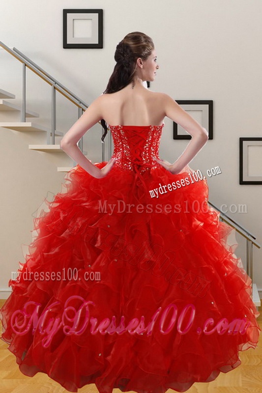 2016 Perfect Red Sweetheart Quince Dresses with Beading and Ruffles
