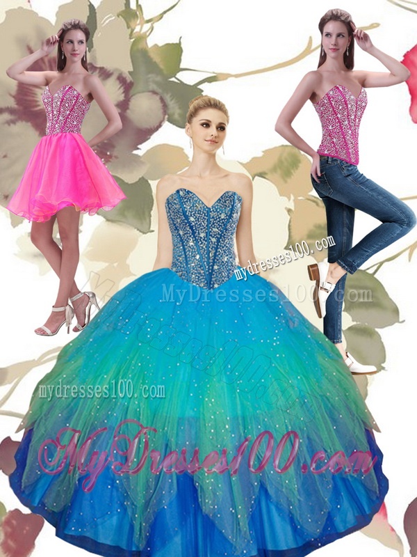 2016 Pretty Beading Sweetheart Tulle Quinceanera Dresses in Turquoise