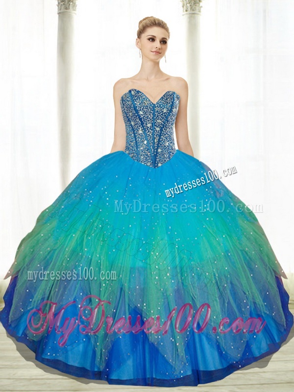 2016 Pretty Beading Sweetheart Tulle Quinceanera Dresses in Turquoise