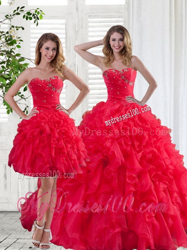 2016 Red Strapless Quinceanera Dress with Ruffles and Beading