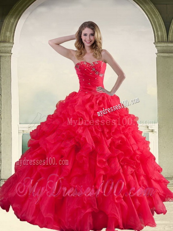 2016 Red Strapless Quinceanera Dress with Ruffles and Beading