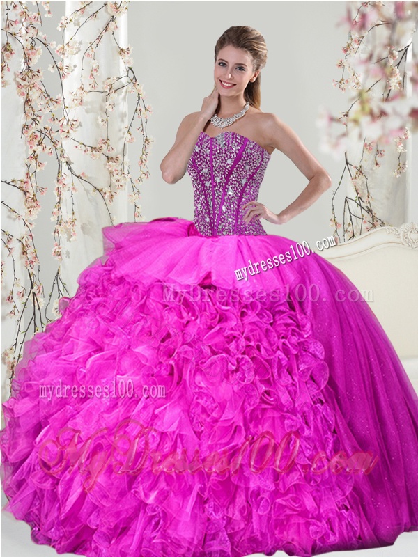 2016 Spring Detachable Hot Pink Sweet 16 Dresses with Beading and Ruffles