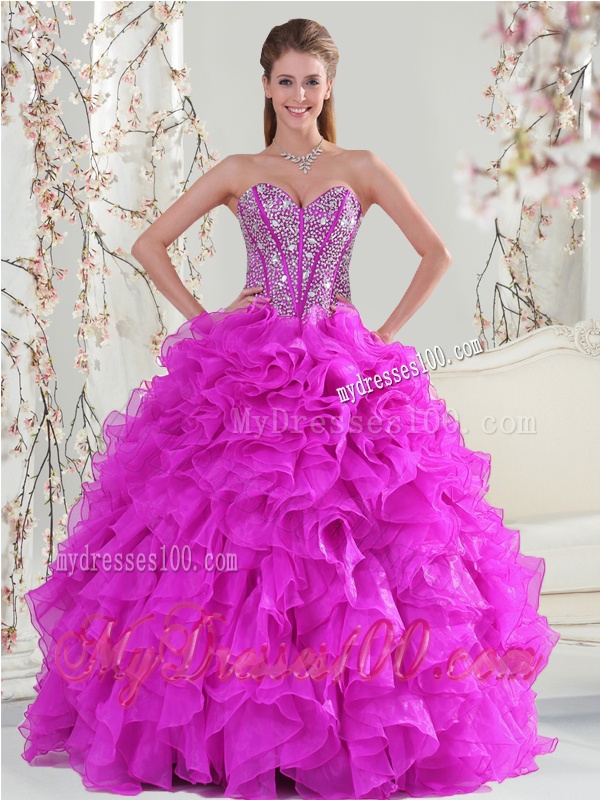 2016 Spring Detachable Hot Pink Sweet 16 Dresses with Beading and Ruffles