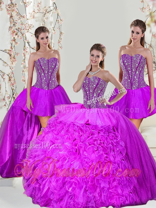 2016 Unique Beading and Ruffles Ball Gown Sweet 16 Dresses in Fuchsia