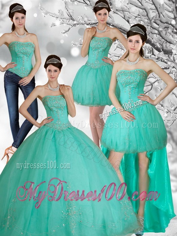 Appliques and Beading Strapless Sweet 15 Dress in Apple Green