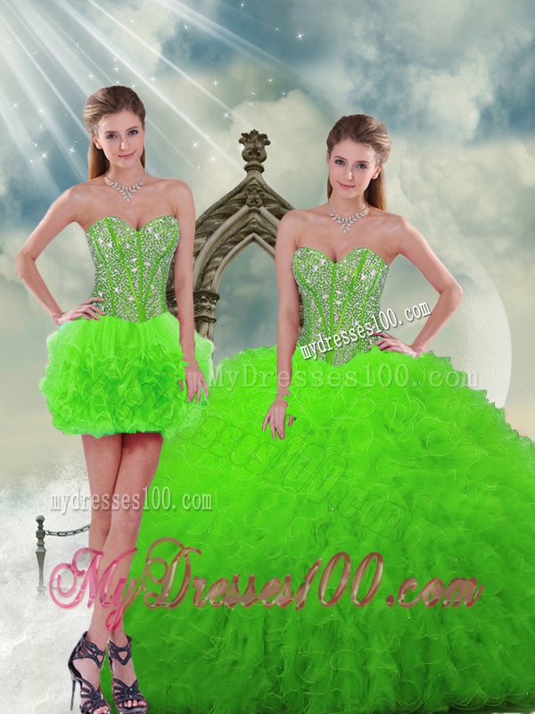 Beautiful Beading and Ruffles Spring Green Dresses For Quinceanera