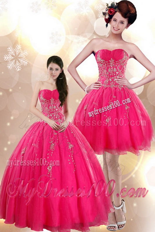 Beautiful Strapless Floor Length Hot Pink Quince Dresses with Appliques