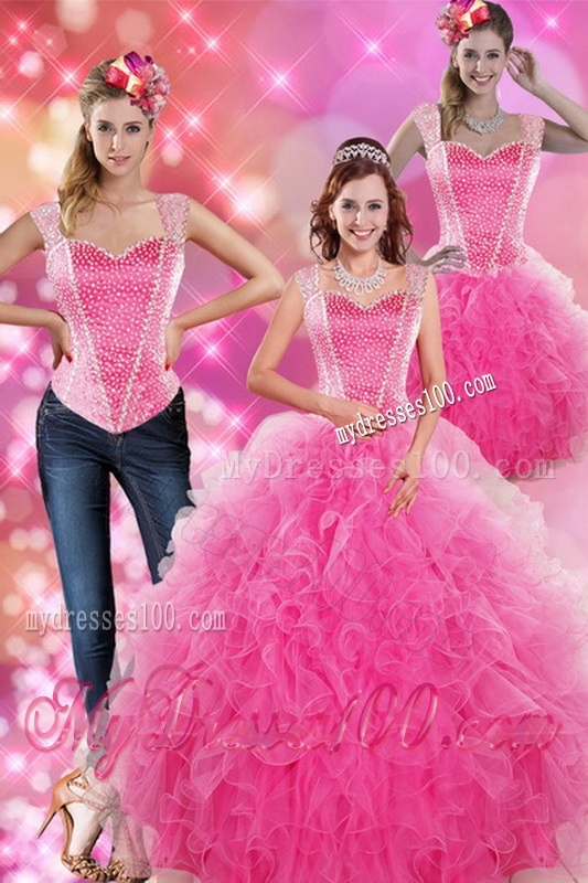 Decent Hot Pink 2016 Quinceanera Gown with Beading and Ruffles