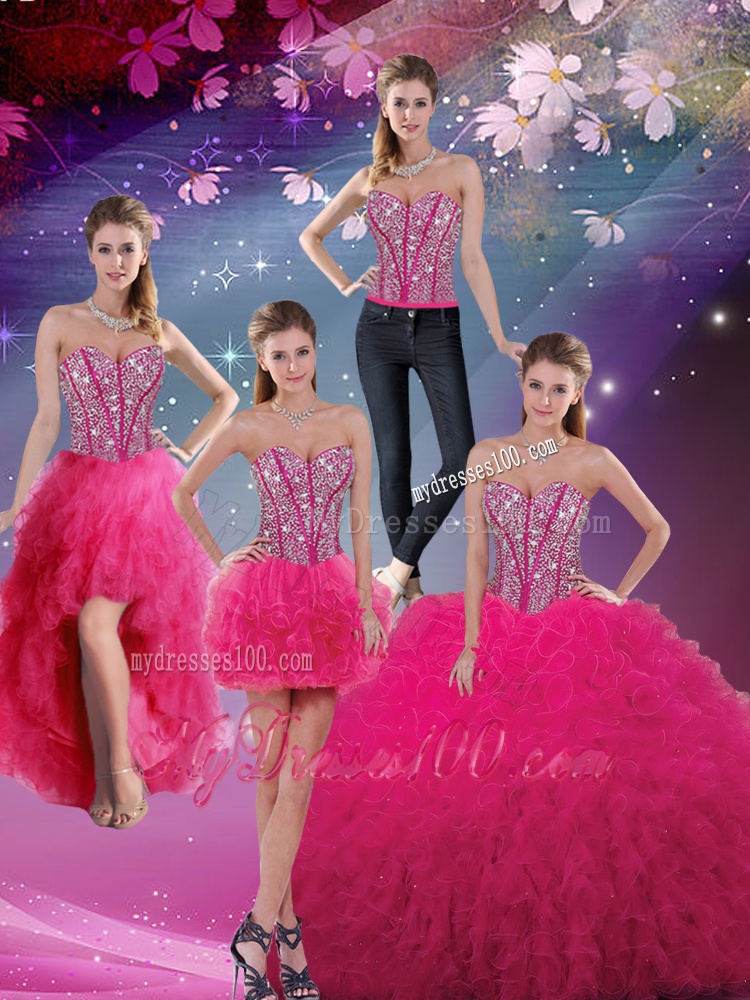 Detachable Sweetheart Beaded and Ruffles Dresses For Quince in Hot Pink