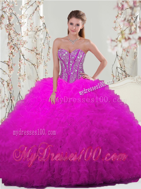 Detachable Sweetheart Fuchsia Beautiful Quinceanera Dresses with Beading and Ruffles