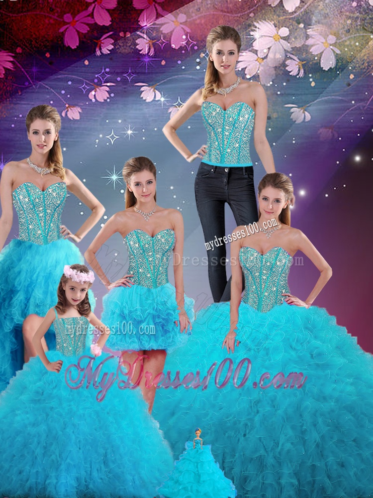 Detachable Turquoise Ball Gown New Quinceanera Dresses with Beading and Ruffles