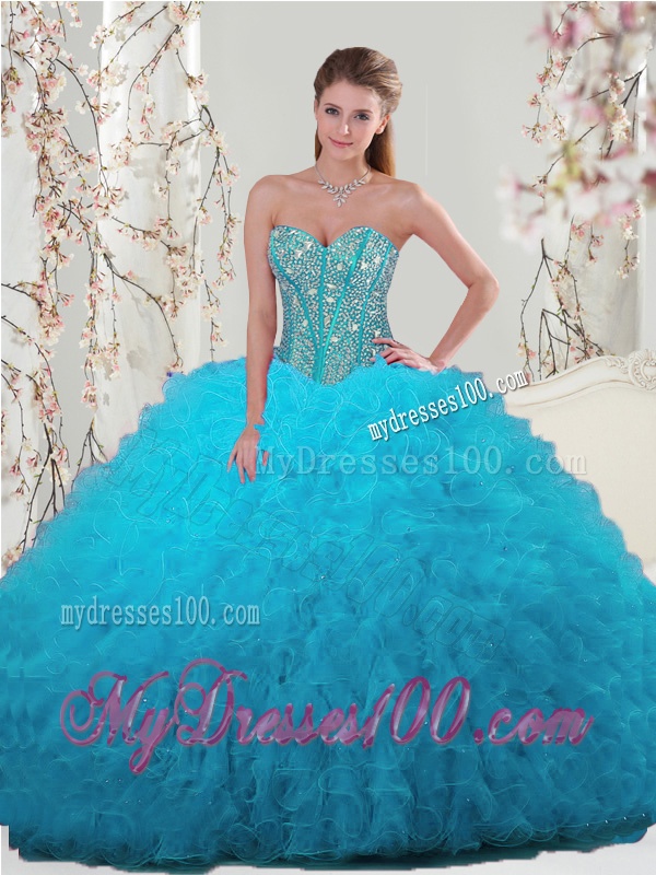 Detachable Turquoise Ball Gown New Quinceanera Dresses with Beading and Ruffles