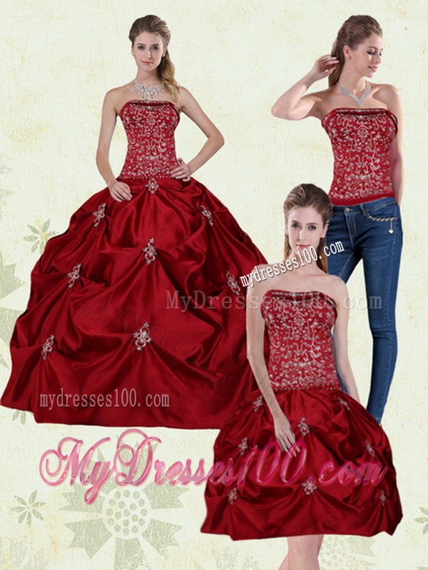 Detachable Wine Red Strapless Quinceanera Gown with Embroidery