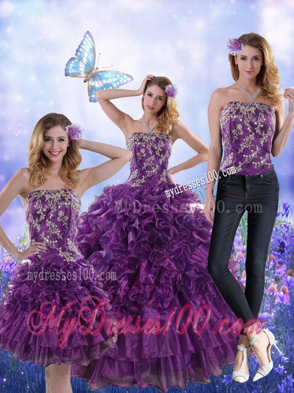 Fantastic Purple Strapless Quince Dresses with Appliques and Ruffles for 2016