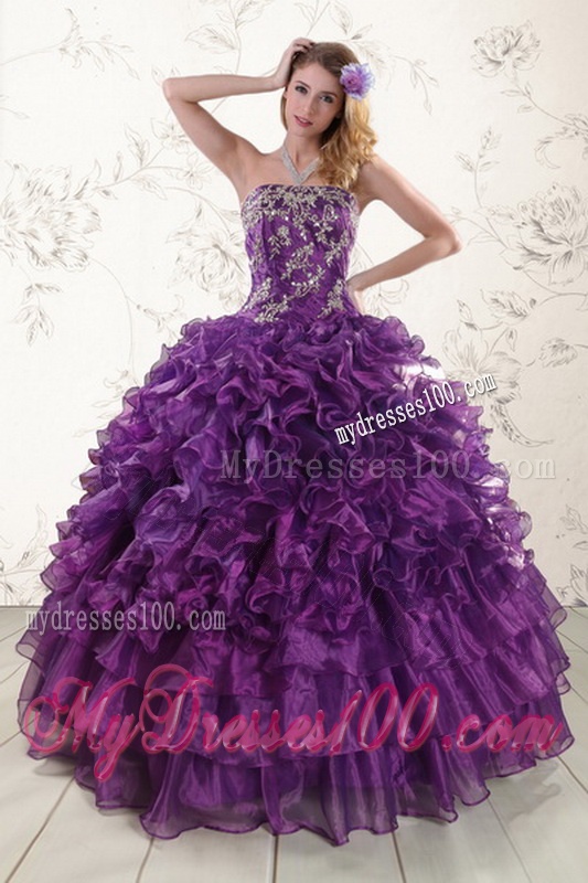 Fantastic Purple Strapless Quince Dresses with Appliques and Ruffles for 2016