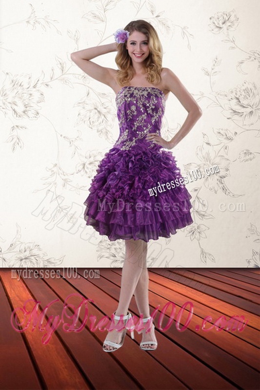 Fantastic Purple Strapless Quince Dresses with Appliques and Ruffles for 2016
