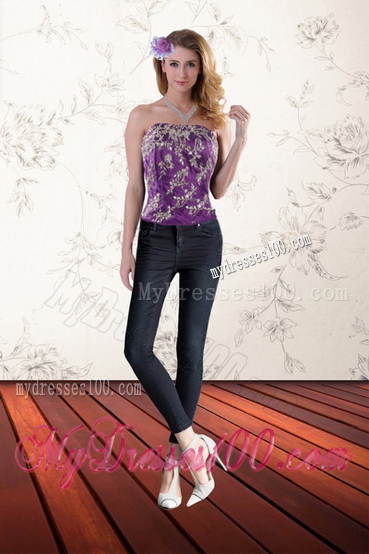 Fantastic Purple Strapless Quince Dresses with Appliques and Ruffles for 2016