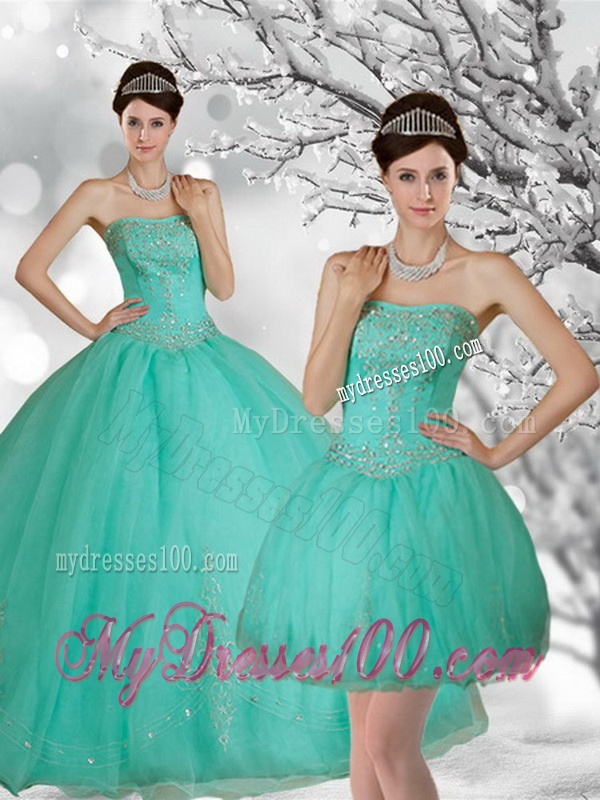 Fashionable Apple Green Strapless Quince Dress with Appliques and Beading for 2016