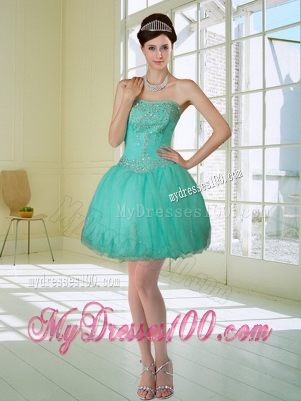 Fashionable Apple Green Strapless Quince Dress with Appliques and Beading for 2016