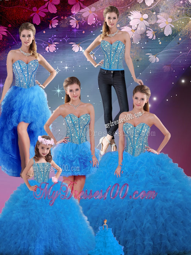 Flirting Sweetheart Beaded and Ruffles Detachable Sweet 16 Dresses in Teal