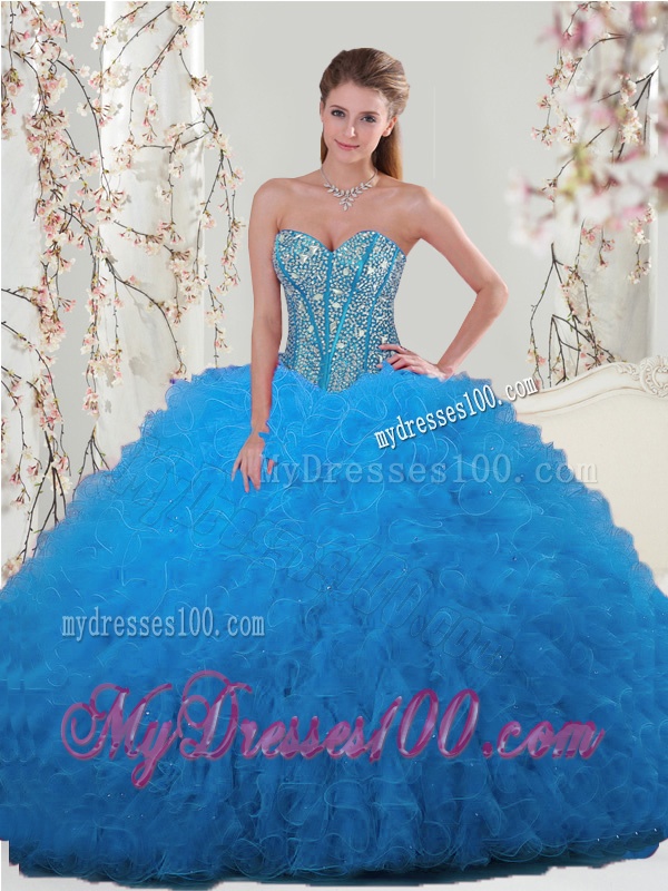 Flirting Sweetheart Beaded and Ruffles Detachable Sweet 16 Dresses in Teal