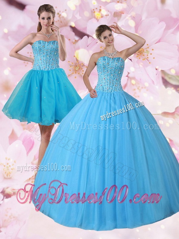 Gorgeous Detachable Baby Blue Strapless Quinceanera Dress with Beading