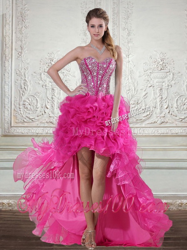 Hot Pink Sweetheart Quinceanera Gown with Beading and Ruffles