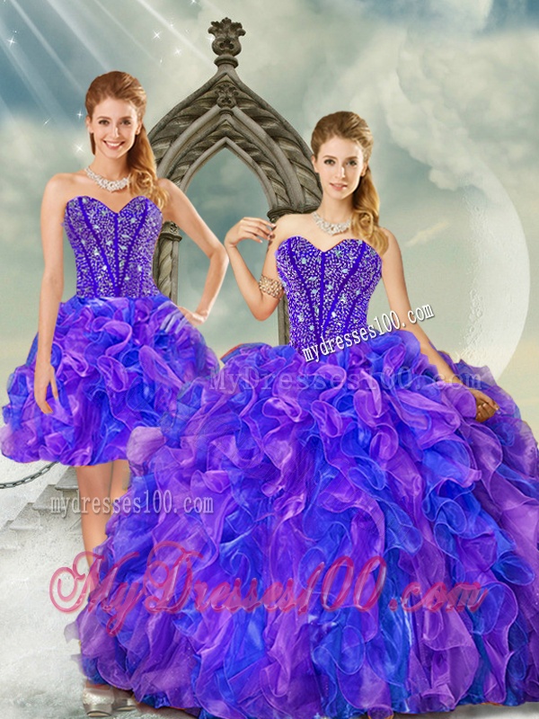 Luxurious Beading and Ruffles Quince Dresses in Purple and Blue for 2016