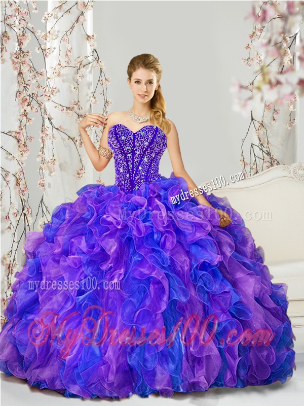 Luxurious Beading and Ruffles Quince Dresses in Purple and Blue for 2016