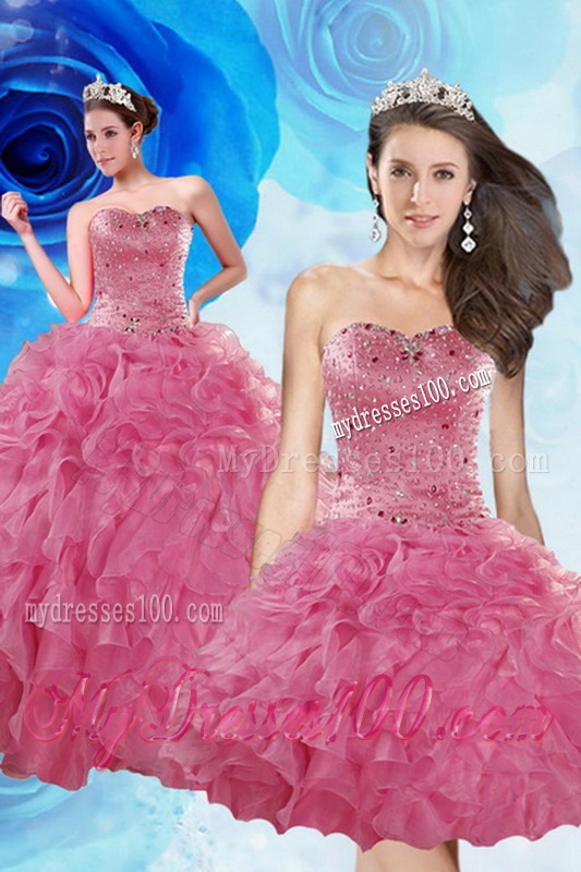 Luxurious Coral Red Quince Dresses with Beading and Ruffles