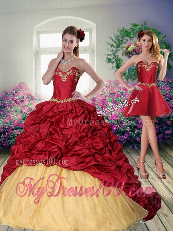 Pretty 2016 Sweetheart Wine Red Brush Train Quinceanera Dress with Embroidery and Pick Ups
