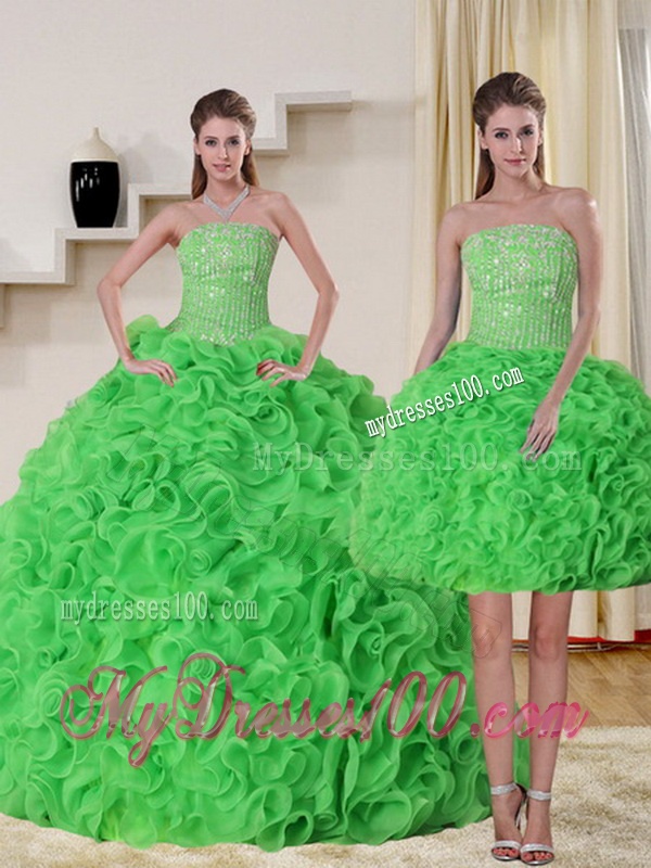 Pretty Strapless Spring Green Quince Dress with Beading and Ruffles