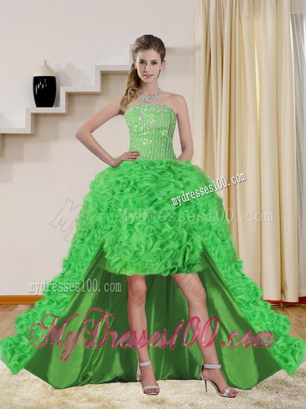 Pretty Strapless Spring Green Quince Dress with Beading and Ruffles