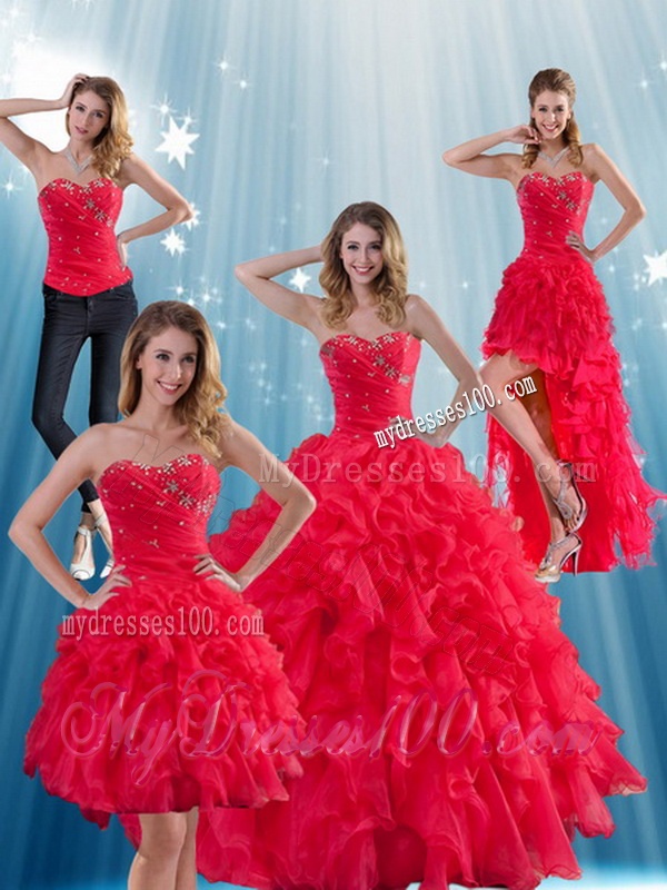 Red Strapless Quinceanera Dress with Ruffles and Beading
