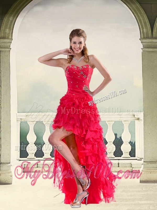 Red Strapless Quinceanera Dress with Ruffles and Beading